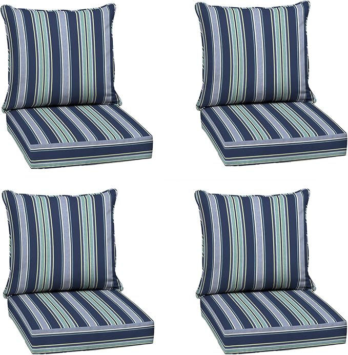 Arden Deep Seat Outdoor Chair Cushion Set (4-Pack), 24 in x 24 in, Weather-Proof, Rain-Proof, Fade Resistant Patio Cushion Set for Chair, Sofa, and Couch Sapphire Aurora Blue Stripe | Outdoor Sofa, Couch, Conversation Set, Weather-Proof, Rain-Proof, Fa...