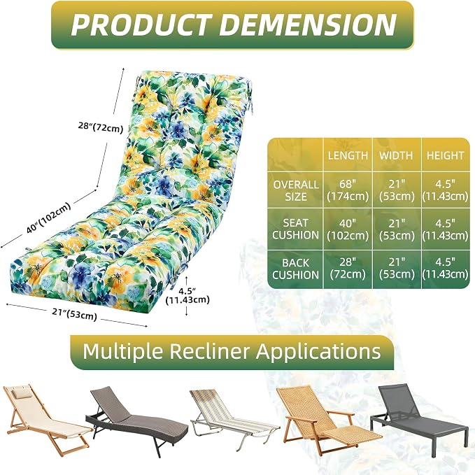 Patio Chaise Lounge Cushions, 68"x21"x4.5" Waterproof Replacement Beach Pool Lawn Outdoor Lounge Chair Cushion with Pocket, Non-Slip Bottom & Secure Ties for Outdoor Furniture, Flower Green