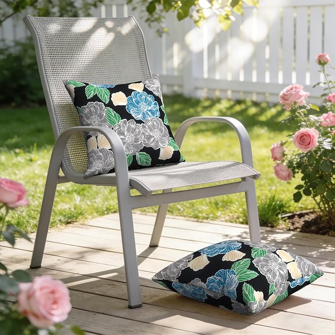 Outdoor Pillows with Insert 18x18 Inch, Waterproof Throw Pillow for Patio Furniture, Decorative Back Cushion for Garden Home Sofa Office Chair, Set of 2, Peony Garden