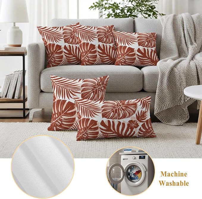 Copper Palm Leaves Outdoor Pillow Covers 18"x18" Set of 2, Tropical Botanical Minimalist Modern Waterproof Throw Pillow Covers for Patio Furniture, Decorative Cushion Covers for Porch