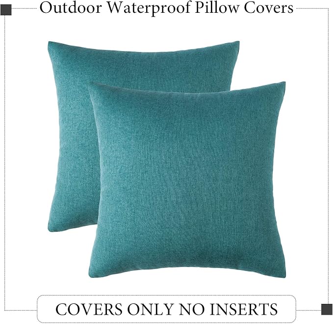 Outdoor Waterproof Throw Pillow Covers Turquoise 18x18 Set of 2 | Decorative Farmhouse Linen Pillowcases Solid Cushion Cases for Patio Tent Balcony Couch Sofa Living Room