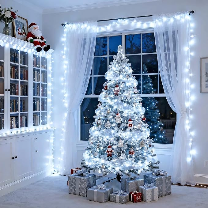 JMEXSUSS Connectable 8 Modes 100 LED White Christmas Lights Clear Wire | 33ft Twinkle Fairy String Lights Indoor, Plug-in Christmas String Lights Outdoor Waterproof for Christmas Wedding Party Tree