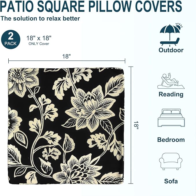 DYTXIII Pack of 2 Outdoor Waterproof Pillow Covers ONLY, 18"x18" Square Decorative Double Printed Throw Pillow Cases for Patio Couch Porch Furniture, Vines Black
