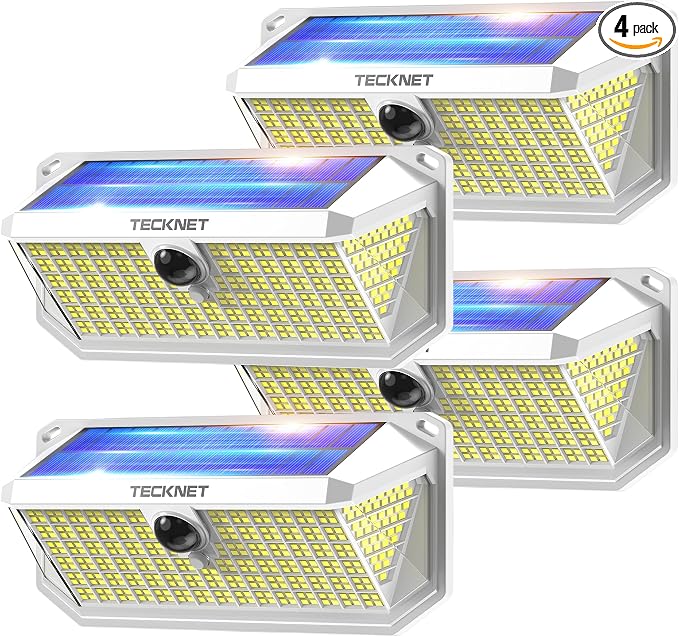 TECKNET 416 LED Solar Powered Outdoor Lights Motion Sensor Security Lights | 300° Wide Angle,3 Lighting Modes,Waterproof Solar Lights 4 Pack Cold White for Fence,Garden,Yard,Door and Outdoor Areas