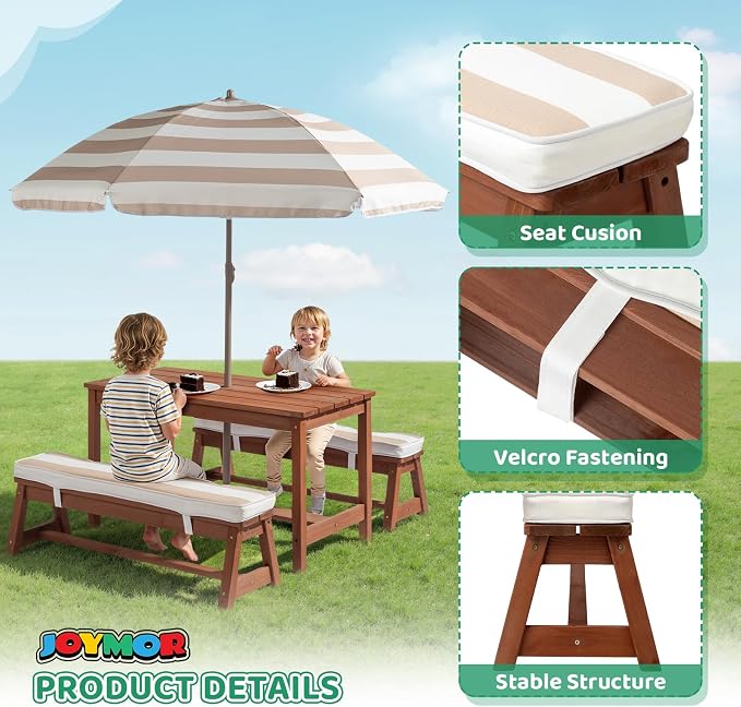 JOYMOR Kids Picnic Table Outdoor Wooden Table & Bench with Adjustable Umbrella, Picnic Table Set w/Removable Cushions for Backyard, Patio, Garden, Indoor(Walnut)