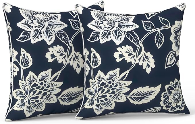 LVTXIII Outdoor Throw Pillow Covers Set of 2, Patio Waterproof Pillow Cases Fade Resistant Accent Pillow Covers for Home and Garden Furniture Decoration, 18"x18", Elegant Vines Navy