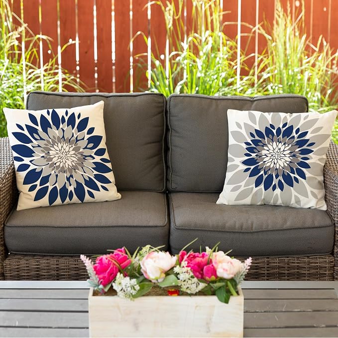 Dahlia Flower Outdoor Pillow Covers 18x18 Inch Set of 2 Waterproof Abstract Floral Summer Decorative Throw Pillow Covers for Patio Furniture Porch Couch Home Decor (Navy Blue Grey)