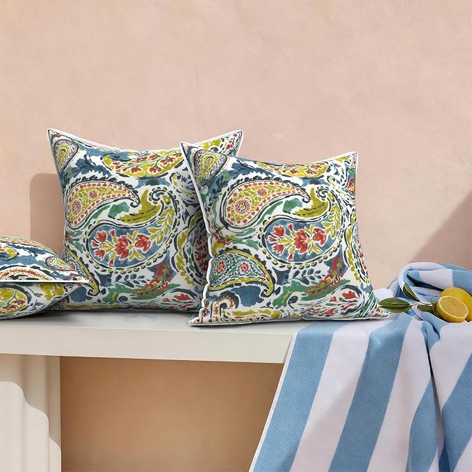 Outdoor Throw Pillows Inners, Fade Resistant Patio Furniture Square Pillows with Piping Set of 2 for Patio Furniture, 18x18 Inch, Paradise Paisley