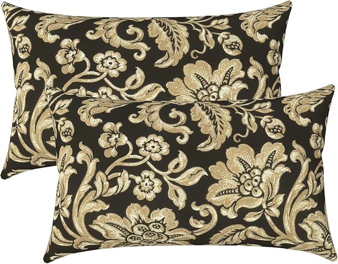 LVTXIII Outdoor Lumbar Pillow Covers Set of 2 Patio Decorative Pillow Cases, Water Repellent Lumbar Cushion Cases for Sofa, Patio Couch Garden Use, 12x20 Inch, Jacobean Black
