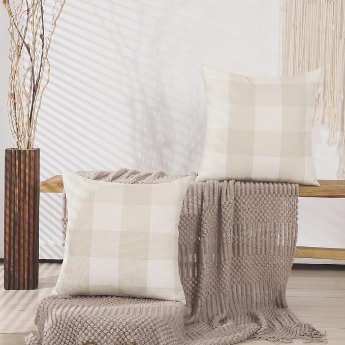 CARRIE HOME Beige Cream Buffalo Check Plaid Pillow Covers 18x18 Set of 2 Neutral Linen Throw Pillow Covers 18 x 18 Neutral Room Decor for Sofa and Couch
