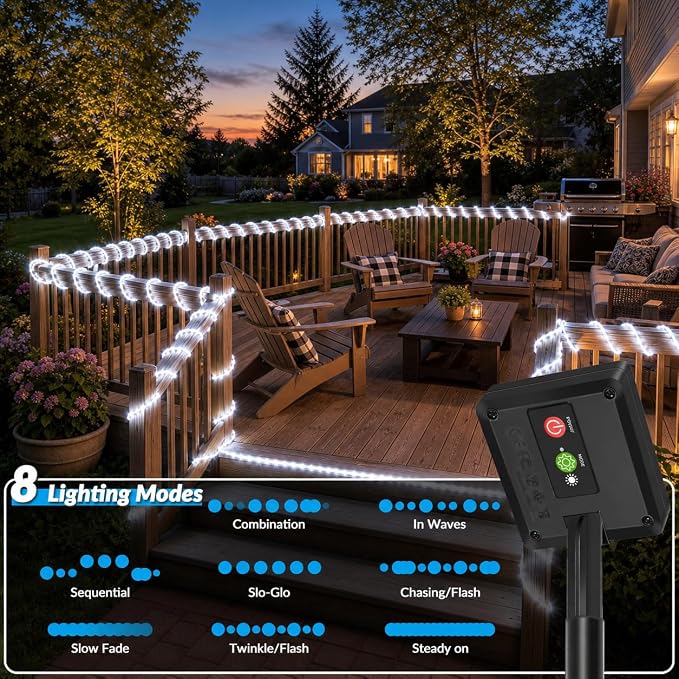 Solar Rope Lights, 2 Pack 33FT 100 LED Solar Fairy Lights with 8 Lighting Modes, IP65 Waterproof Strip Light Outdoor for Garden Yard Patio Deck Fence Tree Party Holiday Decoration, Cold White