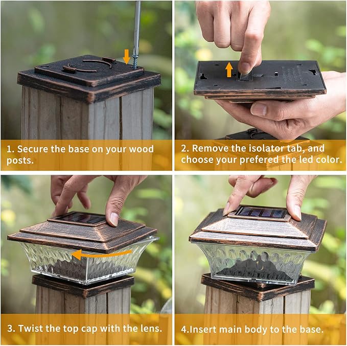 HUYIENO Solar Post Cap Lights Outdoor LED Lighting Deck Fence Cap Light Two Light Modes Warm White/Bright White Suitable for 4x4 Wooden Posts Brushed Copper 2PK