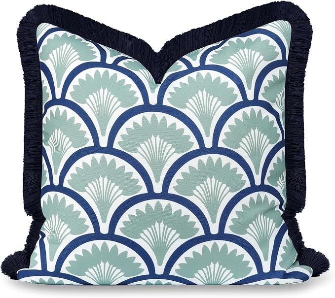 Hofdeco Premium Coastal Grandmillennial Patio Indoor Outdoor Throw Pillow Cover Only, 20"x20" Water Repellent for Backyard, Couch, Poolside, Celadon Green Navy Print Tropical Ravenala Palm Tree