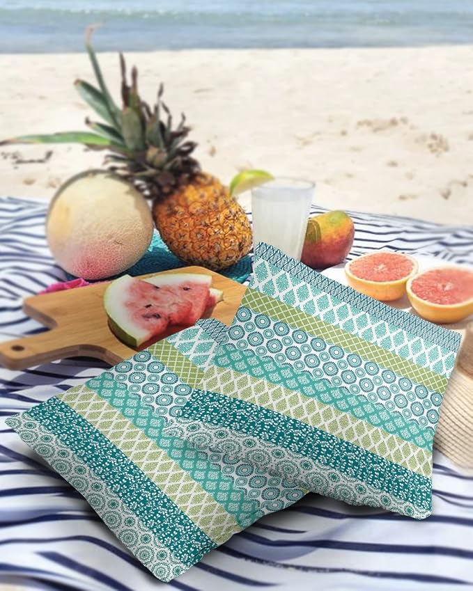 Outdoor Waterproof Throw Pillow Covers Set of 2 Teal Boho Stripe Tribal Vingtage Lumbar Pillowcases 26x26 Inch Green Bohemian Style Decorative Pillows Cushion Case Patio Pillows for Couch Bed Garden
