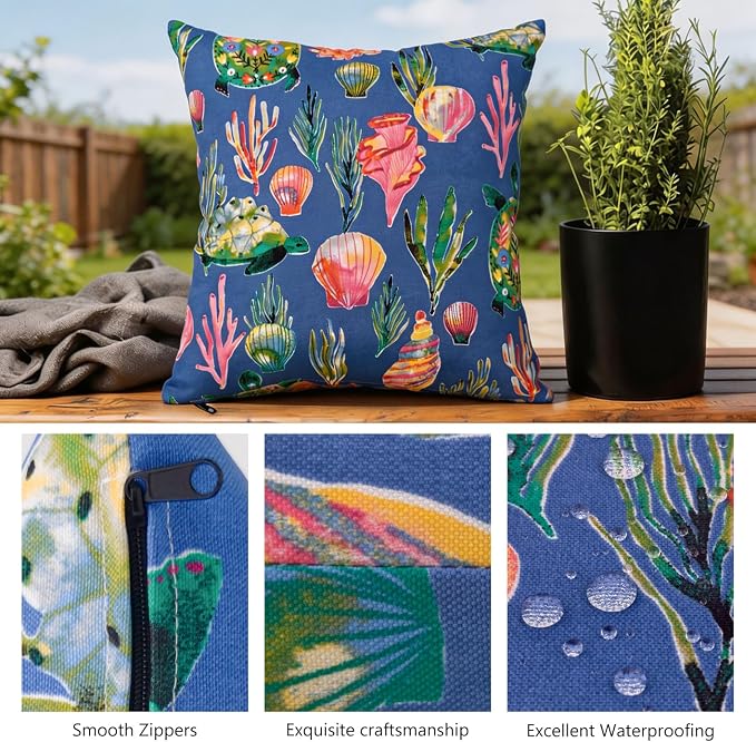 Outdoor Pillow Covers 18x18 Set of 2 Deepsea Blue Reef Print, Waterproof & UV Resistant Polyester for Patio, Couch, Porch, Spring & Summer Ocean Decor