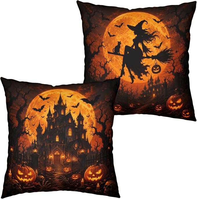 Orange Halloween Pillow Covers 20x20 Set of 2 Spooky Castle Witch Throw Pillow Covers Jack-O-Lantern Pumpkins Decorative Pillowcase for Couch Sofa Indoor Outdoor
