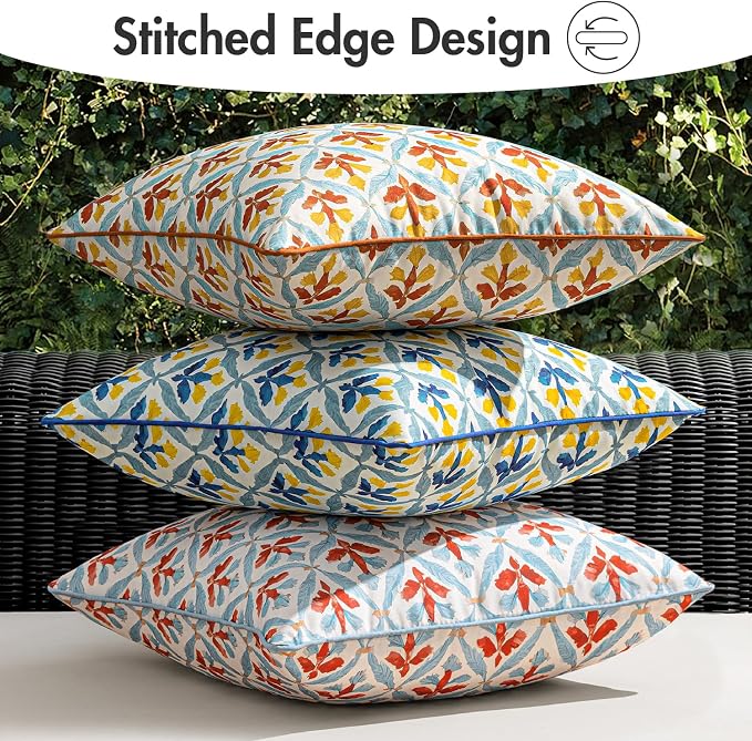 MIULEE Outdoor Floral Pillow Covers Waterproof 20x20 Orange Teal Red | Decorative Block Print,Boho Farmhouse, Set of 2 Coastal Summer Cushion Covers with Piping,Garden Patio Furniture Porch Couch