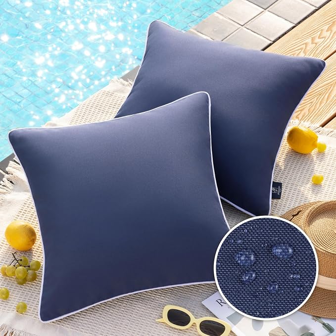 Phantoscope Pack of 2 Outdoor Waterproof Solid Throw Decorative Pillow Cover Decorative Square Outdoor Pillows Cushion Case Patio Pillows for Couch Tent (20''x20'', Dark Blue)
