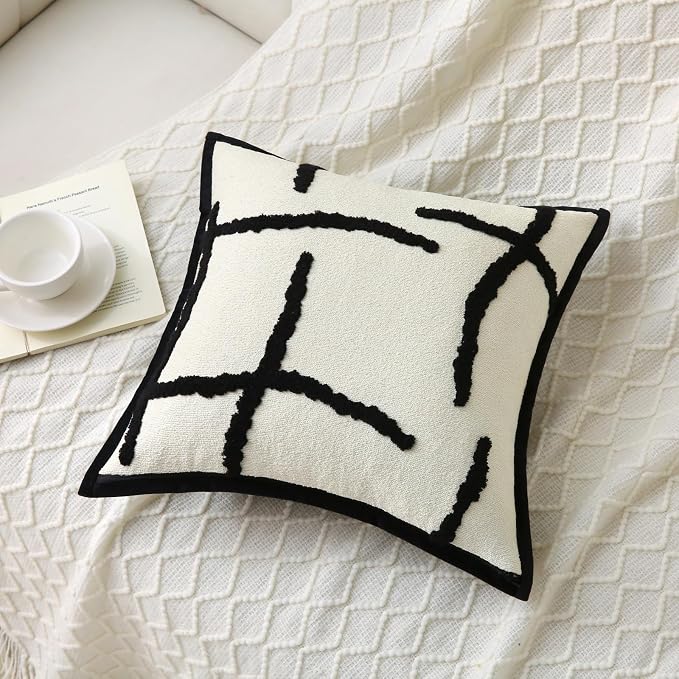 Decorative Throw Pillows with Inserts 2 Pack 18" x 18" Boho Soft Tufted Modern Chenille Pillow for Home, Patio, Couch, Bedroom, Living Room (Black Lines)