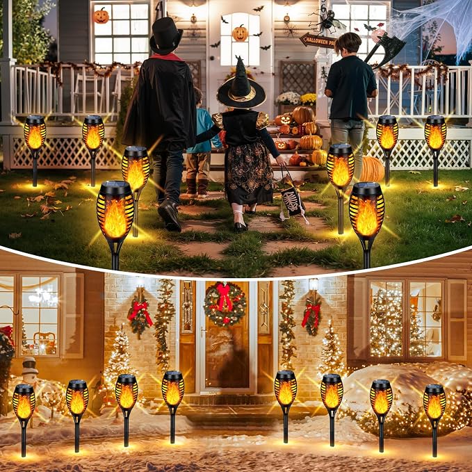 Solar Lights Outdoor, 4 Pack Solar Torch Light with Flickering Flame, Waterproof Outdoor Garden Lights for Yard, Tiki Torches for Outside Patio Pathway Decorations