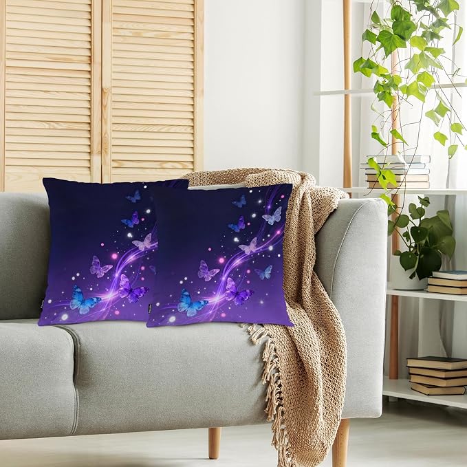 Swono Butterfly Throw Pillow Case, Glowing Butterflies Stars Square Home Decorative Cushion Cover for 18 X 18 Inches Pillow Covers, Purple 2 Pack Pillowcases for Bedroom Office Dorm Couch