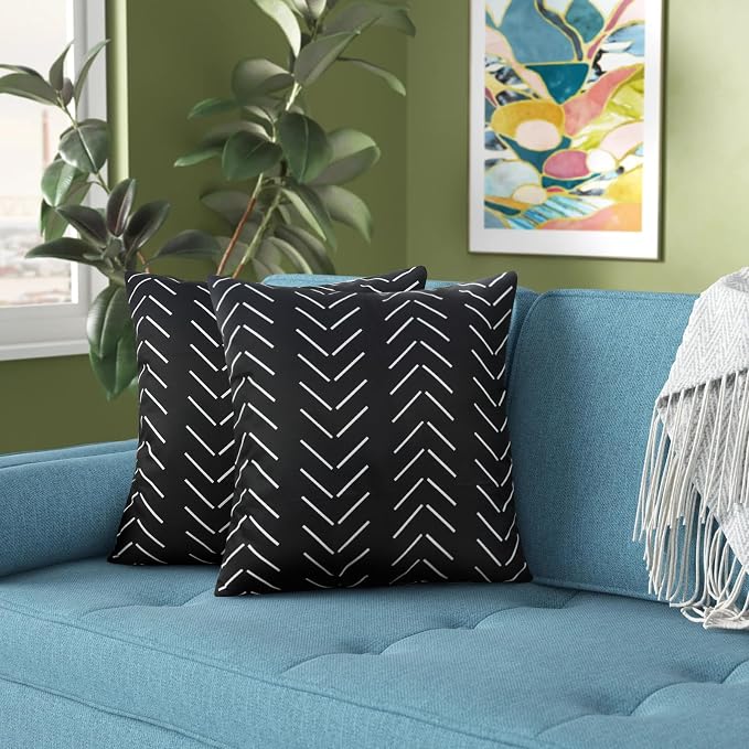 Adabana Geometric Waterproof Outdoor Pillow Covers 16x16 Black and White | Set of 2 Waterproof Design for Patio, Porch, Garden and Beach Decor
