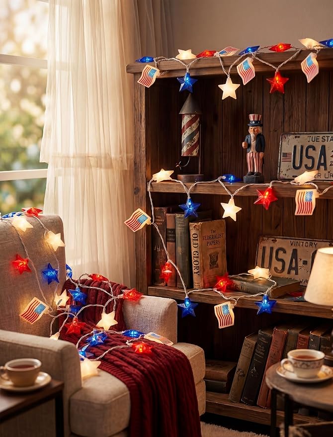 35 LED Red White Blue String Lights, 13.6FT 4th of July Decoration Lights with Patriotic Star & American flag Lights, Connectable Independence Day Lights for Window Home Patio Party Garden Decor