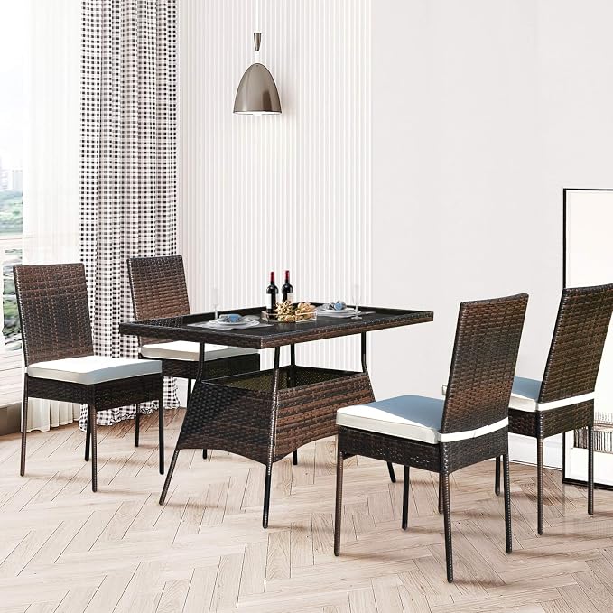 HAPPYGRILL 5-Pieces Patio Dining Set Outdoor Rattan Wicker Table and Chair Set with Glass Tabletop, Modern Dining Furniture Set with Cushioned Chairs for Backyard Porch Dining Room Kitchen