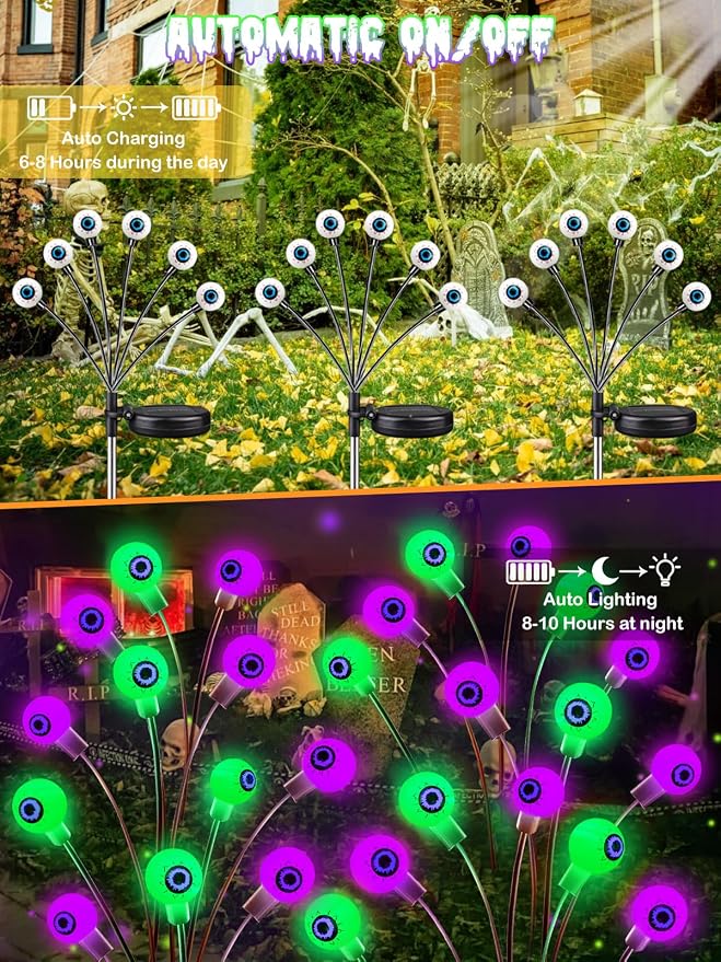 6 Pack Solar Halloween Decorations Outdoor 36 LED Solar Eyeball Lights | Purple and Green Halloween Lights, Sway by Wind, IP65 Waterproof, 2 Modes, for Pathway Garden Yard Lawn Horror Party Decor