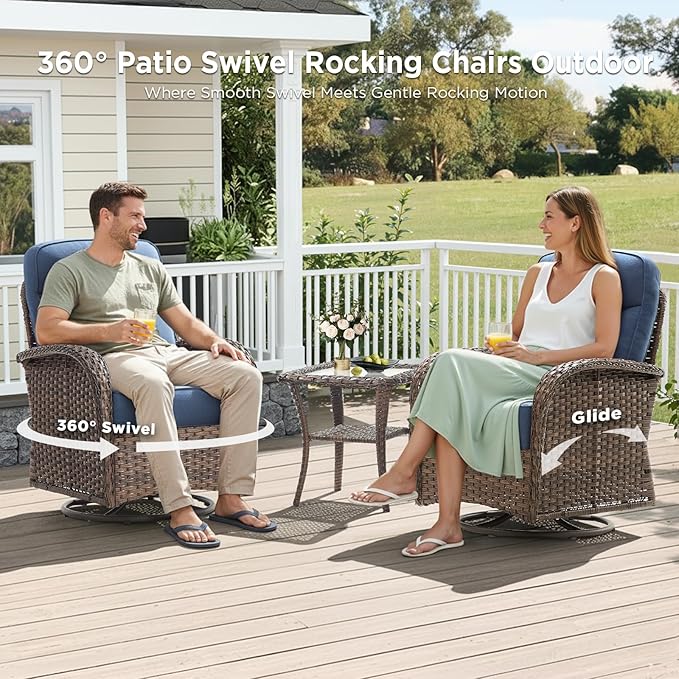 Luxury Wicker Patio Furniture Set with 6-Inch Thick Cushions, 6 Pieces Outdoor Swivel Rocker Patio Chairs Set of 4 with Rattan Side Table, Ooutdoor Patio Conversation Sets for Garden Porch Deck, Blue
