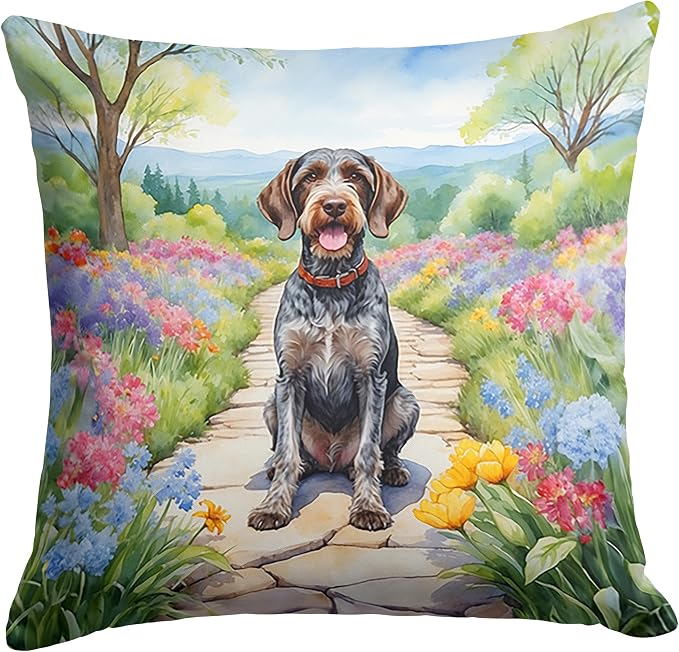Caroline's Treasures German Wirehaired Pointer Spring Path Throw Pillow Machine Washable, Indoor Outdoor Decorative Pillow for Couch, Bed or Patio, 14Hx14W