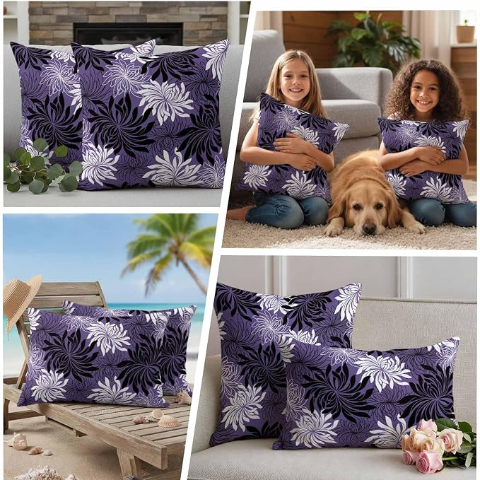 Yukro Purple Black Floral Outdoor Waterproof Pillow Covers Pack of 2, Vintage White Black Flower Purple Decorative Throw Pillowcases Cushion Covers for Garden Patio Tent Sofa Couch, 16x16 inch