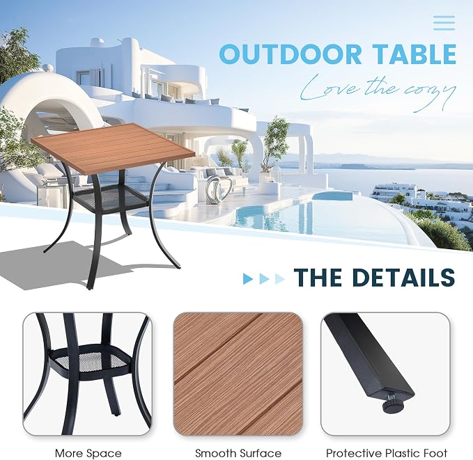 3 Pieces Patio Dining Set, 28" Square Dining Table with Storage Shelf, 2 Stackable Textilene Fabric Chairs, Metal Structure for Patio, Porch, Garden(Walnut Table, Brown Chair)