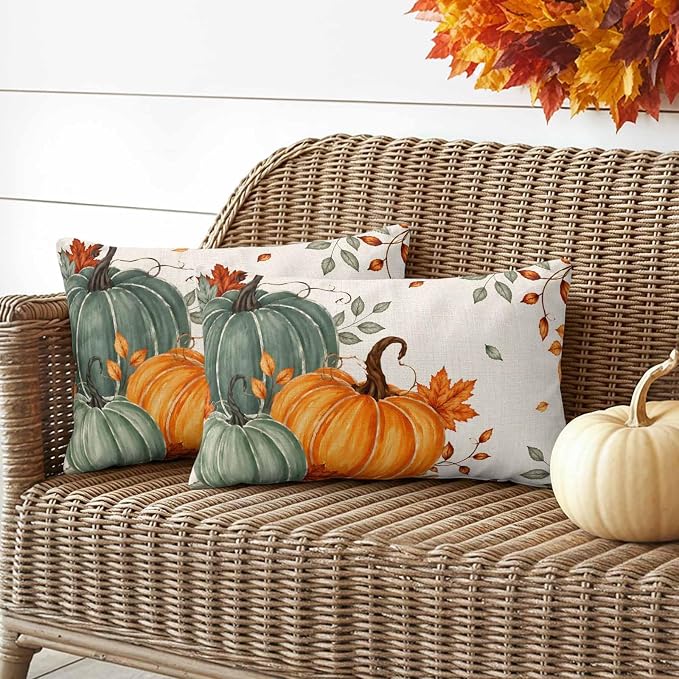 Green Orange Fall Waterproof Outdoor Pillow Covers 20''x12'' Set of 2, Maple Leaves Thanksgiving Patio Furniture Cushion Covers for Chairs,Decorative Farmhouse Beige Pillow Cases for Garden/Pool/Beach