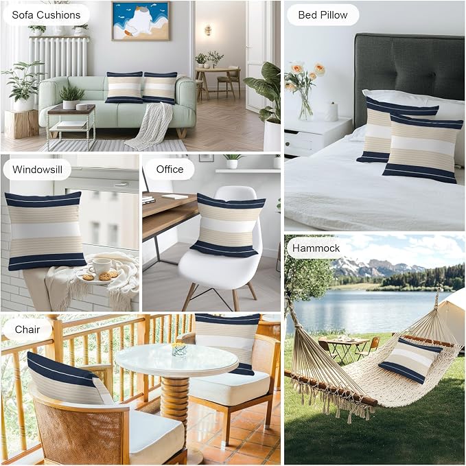 Navy Blue Beige Stripe Outdoor Pillow Covers Waterproof, All Weather Cushion Case Set of 2, Modern Art Horizontal Striped Decorative Pillowcases for Sofa Couch Bed Decor Patio Furniture 18"x18"