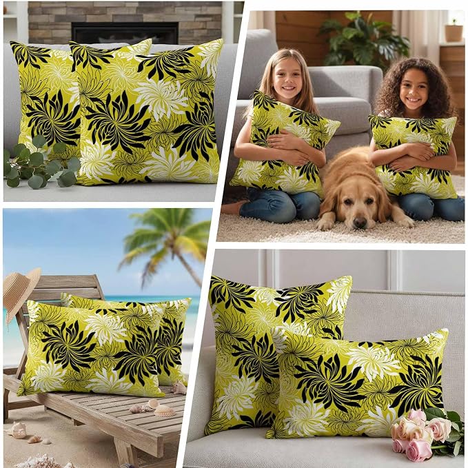Yukro Yellow Black Floral Outdoor Waterproof Pillow Covers Pack of 2, Vintage Yellow White Black Flower Decorative Throw Pillowcases Cushion Covers for Garden Patio Tent Sofa Couch, 16x16 inch