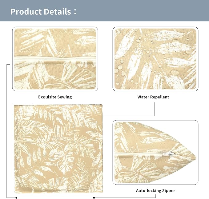 Outdoor Pillow Covers Waterproof 20x20 Inch Set of 2 Tropical Leaf Oat Decorative Outside Patio Furniture Cushion Cases Decor for Porch Garden
