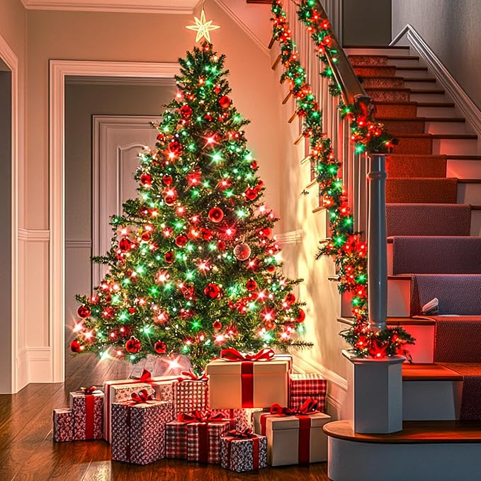 JMEXSUSS 100 LED Connectable Red and Green Christmas Lights with 8 Modes | Twinkle String Lights Indoor, Clear Wire Plug-in String Lights Outdoor Waterproof for Christmas Decor