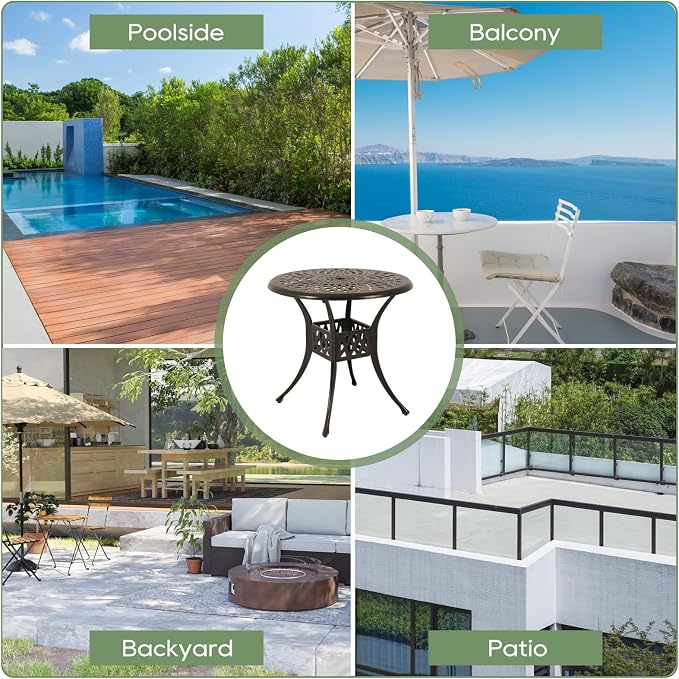 Patio Dining Table,Cast Aluminum Patio Table with Umbrella Hole, Outdoor Bistro Table for Backyard, Garden, Patio
