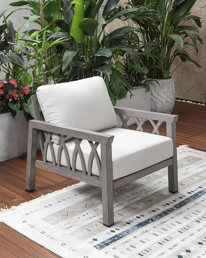 Aluminum Outdoor Sofa Chair, Modern Patio Sofa Armchair with Washable Cushions, Weather-Resistant Outdoor Club Chair, Patio Armchair Furniture for Garden, Deck, Porch, Limed Oak