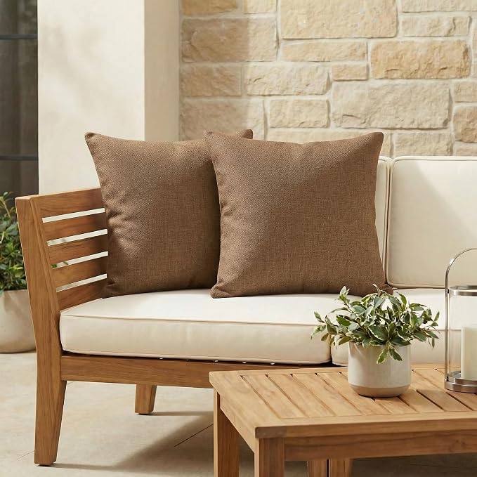 RSH DECOR Square Throw Pillows Set of 2, 17" x 17", Outdoor Pillows Waterproof, Outdoor Pillow Covers, Pillow Covers for Couch, Canvas Sepia, Made in USA