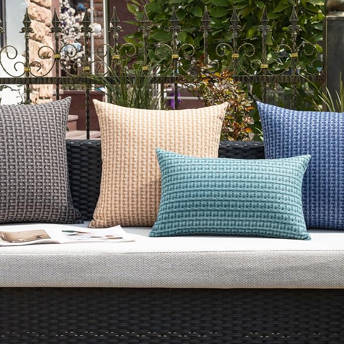 Kevin Textile Outdoor Waterproof 26"x26" Pillow Covers 2 Pack, Teal | Water Resistant Weaving Faux Linen Texture Throw Pillow Covers, Outside Decorative Pillowcases for Garden Patio Balcony Couch
