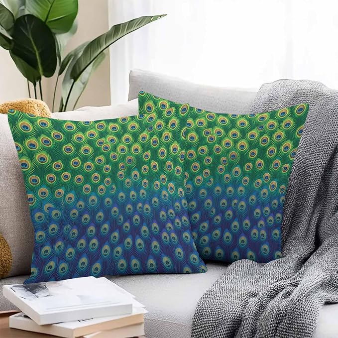 Peacock Feathers Outdoor Waterproof Pillow Covers, Ombre Blue Green Modern Animals Printed Decorative Square Throw Pillowcase Sofa Cushion Sham for Patio/Couch/Chair, 24"x24" 2 Pack