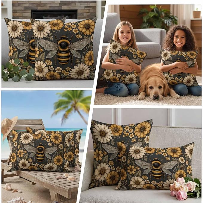Outdoor Pillow Covers Waterproof, Bee Flowers Decorative Square Throw Pillowcases Patio Cushion Covers for Tent/Garden, 26" x 26" 2 Pack, Retro Country Animals Botanical Floral Plants