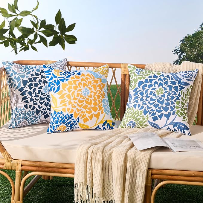 Allorry Outdoor Pillow Covers 18x18 Set of 2 Blue Green Flower Pattern Decoration Throw Pillow Covers for Spring Summer Outdoor Waterproof Furniture Garden Patio Sofa Bedroom Home Decor JB011-D18