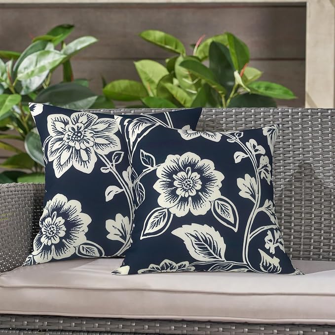 LVTXIII Outdoor Throw Pillows 16x16 Inch, Set of 2 Square Decorative Pillows with Inserts for Patio Furniture, Porch Chair, Garden Sofa, Elegant Vines Navy