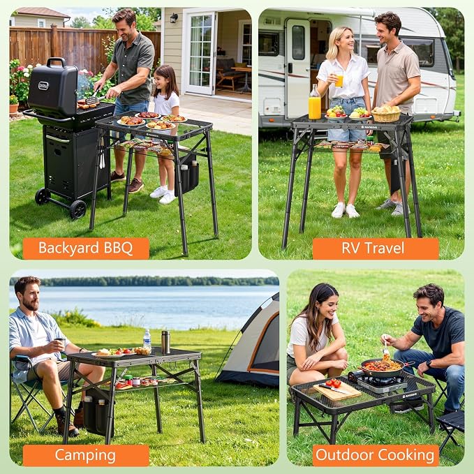 Folding Grill Table for Outside, 3 Height Adjustable Small Camping Table with Mesh Bag, Metal Aluminum Folding Table, 23.62 x 15.75 inches, Portable Grill Stand for Picnic, Camping, BBQ, Beach, Black