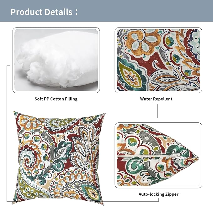 Outdoor Pillows with Insert 16x16 Inch, Waterproof Throw Pillow for Patio Furniture, Decorative Back Cushion for Garden Home Sofa Office Chair, Set of 2, Paisley Chilli