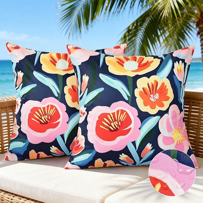 Floral Outdoor Pillow Covers 18x18 Inch Set of 2, Blue Pink Printed Waterproof Throw Pillow Cover Spring Summer Decorative Cushion Cases for Holiday Garden Patio Balcony Furniture Couch Sofa