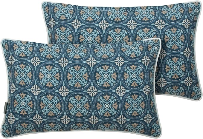 Magpie Fabrics Pack of 2 Outdoor Lumbar Pillow Case Covers 12"x20", Waterproof Rectangular Throw Pillowcase Shell Decorative Sham for Patio Garden Couch - Morgan Medal Blue